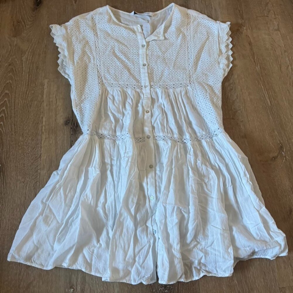 Zara White embroidered Ruffle Drop Waist Hem button down Mini Dress Cotton‎ sz S